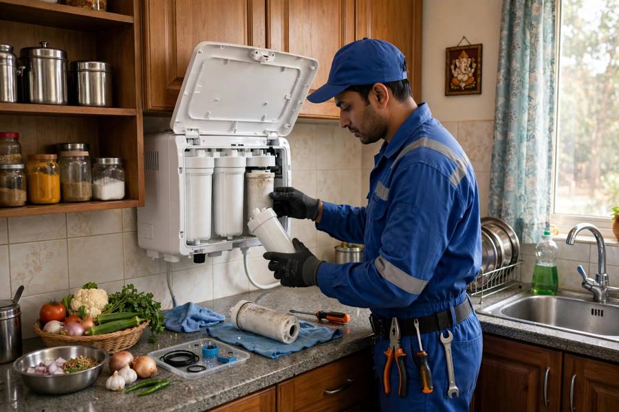 Nyasa Enterprise technician performing doorstep RO water purifier service and repair in Ahmedabad
